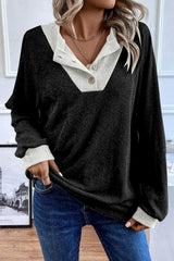 Black Color Contrast Ribbed Loose Fit Long Sleeve Top Long Sleeve Tops JT's Designer Fashion