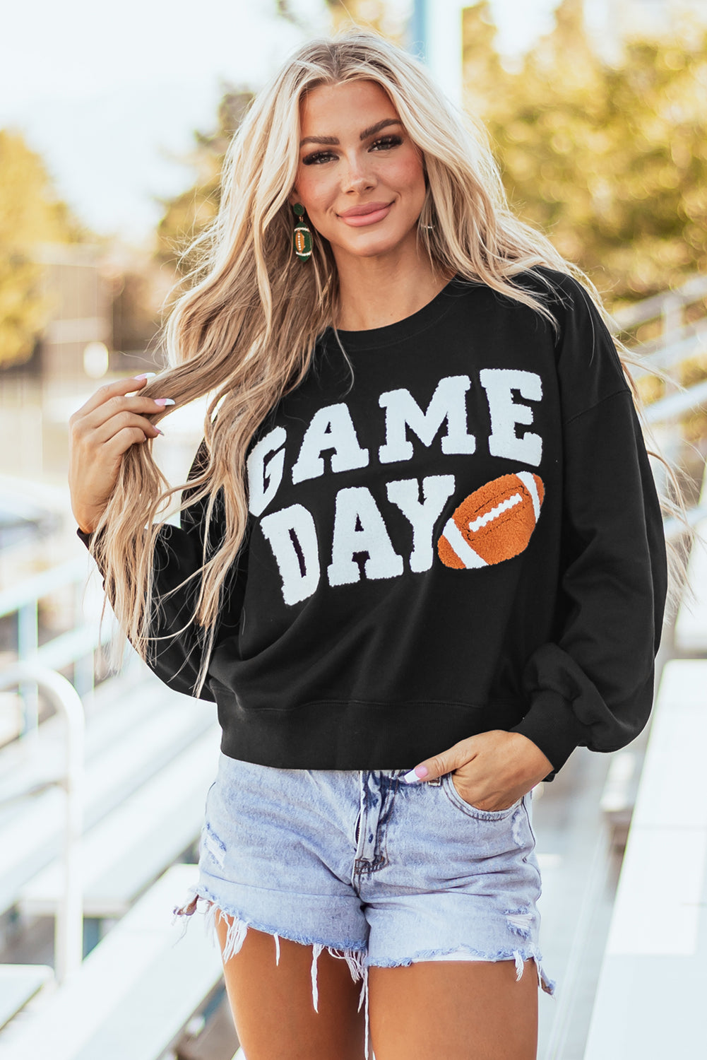 Black GAME DAY Graphic Varsity Pullover Sweatshirt Sweatshirts & Hoodies JT's Designer Fashion