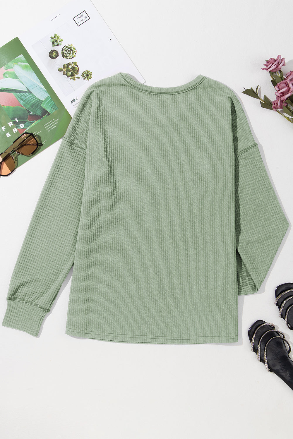 Clearly Aqua Solid Color Corded Drop Shoulder Long Sleeve Top Long Sleeve Tops JT's Designer Fashion