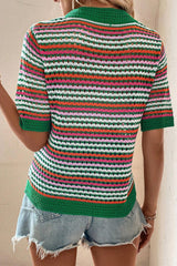 Dark Green Striped Pattern Hollow Out Contrast Trim Knit T Shirt Sweaters & Cardigans JT's Designer Fashion