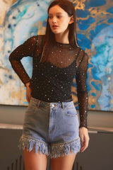 Black Rhinestone Sheer Mesh Slim Fit Long Sleeve Top Long Sleeve Tops JT's Designer Fashion