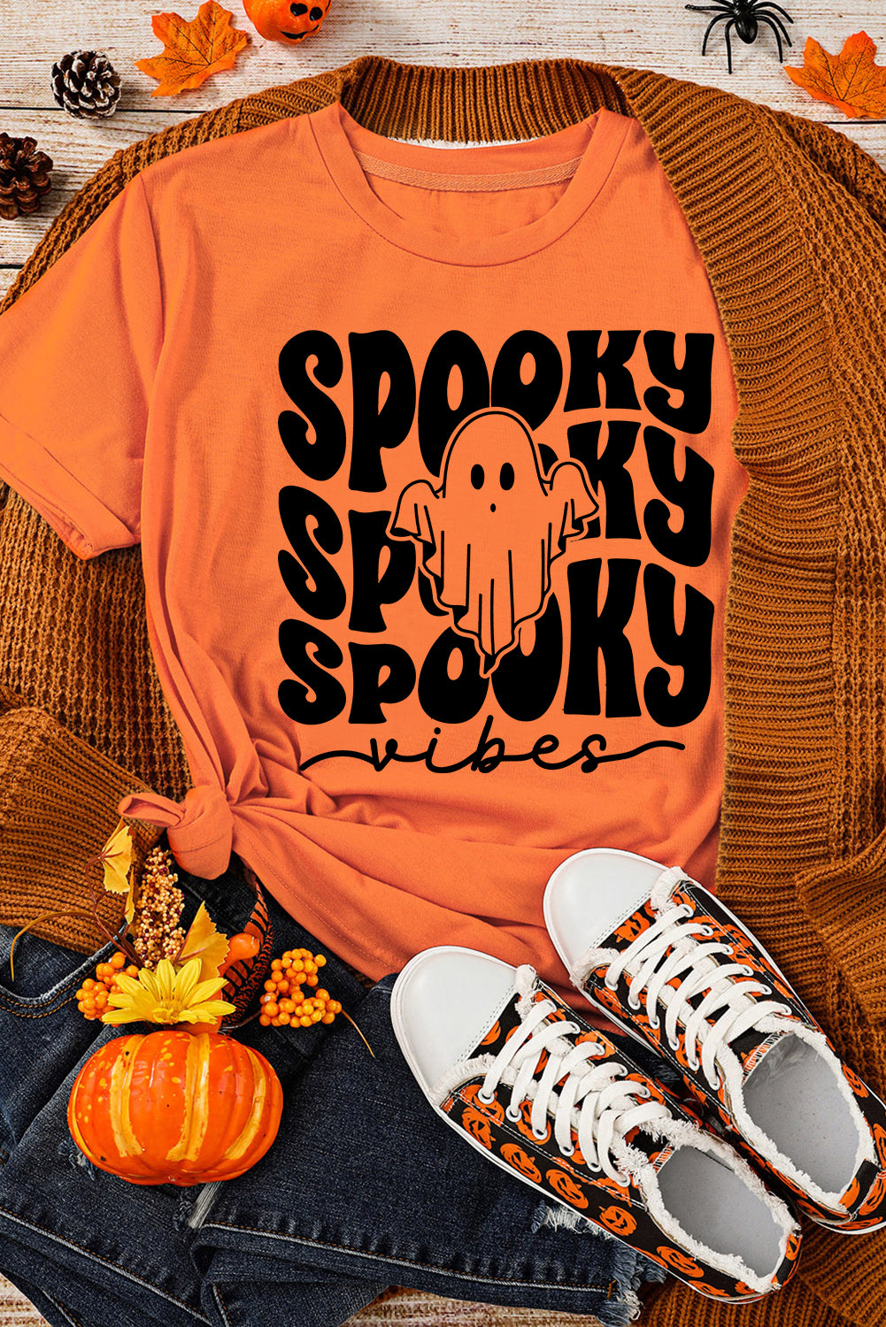 Orange SPOOKY Vibe Ghost Print Crewneck Halloween T Shirt Graphic Tees JT's Designer Fashion