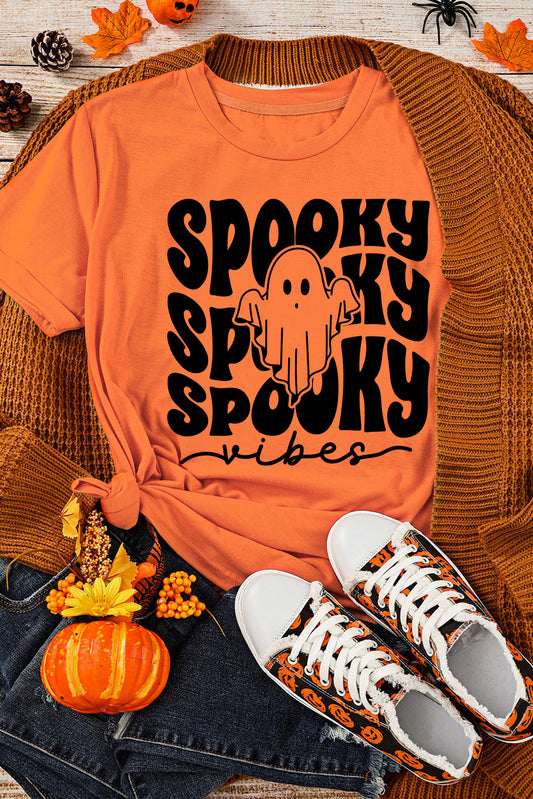 Orange SPOOKY Vibe Ghost Print Crewneck Halloween T Shirt Graphic Tees JT's Designer Fashion