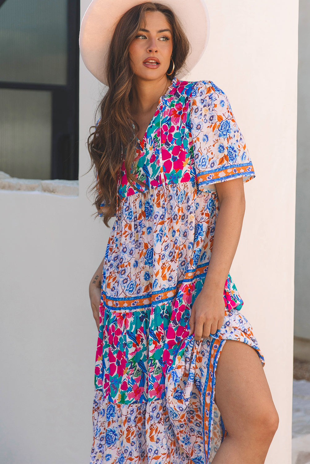 Sky Blue Mixed Floral Print Tie Split Neck Short Sleeve Dress Floral Dresses JT's Designer Fashion