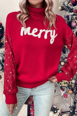 Racing Red Merry Graphic Sequin Sleeve Turtleneck Sweater Sweaters JT's Designer Fashion