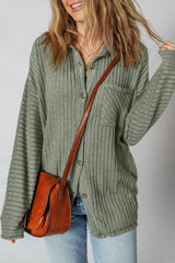 Mist Green Thermal Ribbed Texture Drop Shoulder Button Up Shacket Jackets JT's Designer Fashion