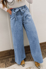 Beau Blue Western Washed Bow Knot Sash Wide Leg Jeans Beau Blue 72%Cotton+26%Polyester+2%Elastane Jeans JT's Designer Fashion