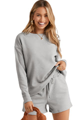Gray Textured Long Sleeve Top and Drawstring Shorts Set Short Sets JT's Designer Fashion