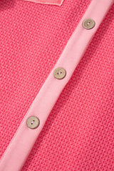 Peach Blossom Two Tone Contrast Waffle Knit Buttoned Loose Shacket Jackets JT's Designer Fashion