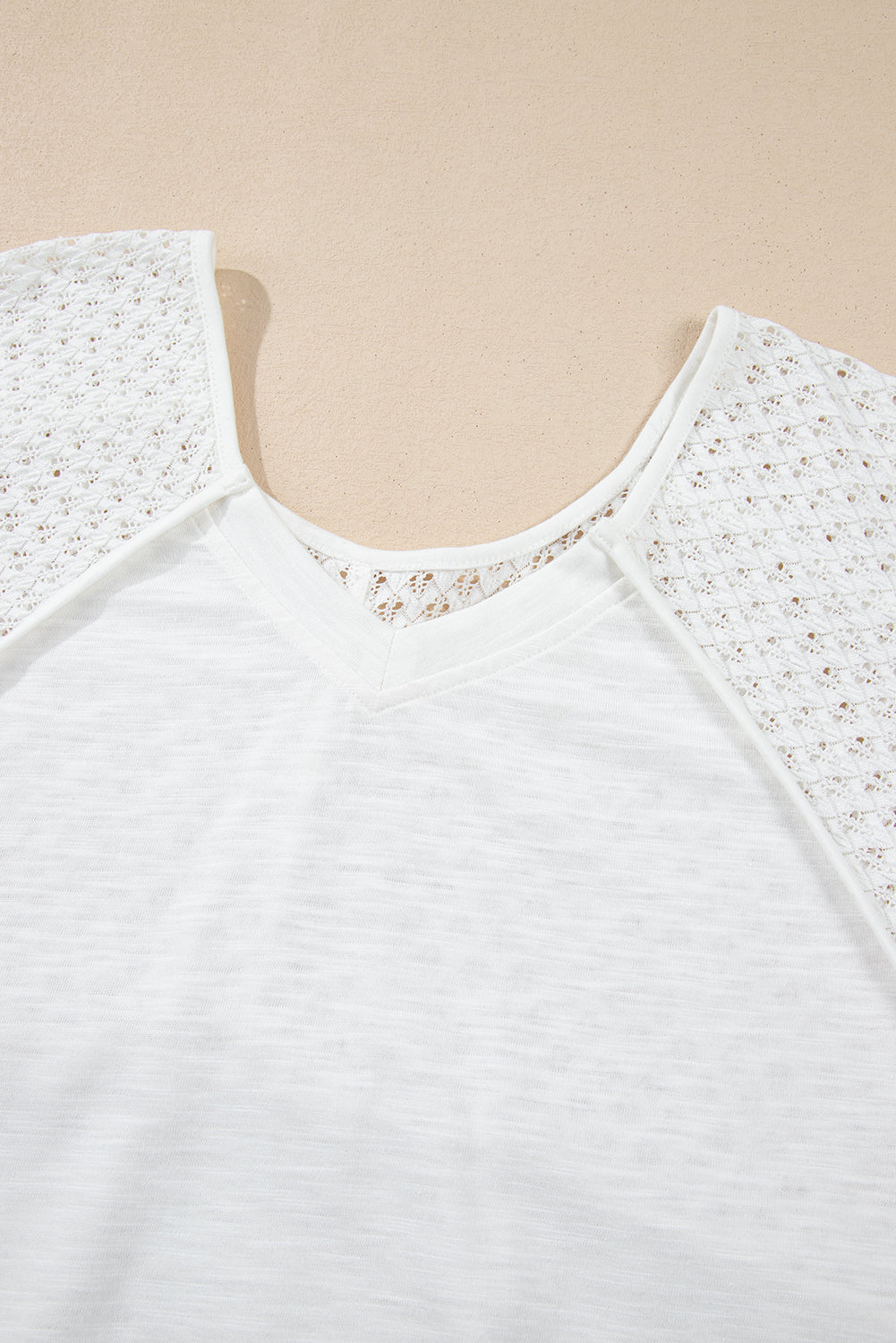 White Eyelet Patchwork High Low Hem V Neck Oversized Top Long Sleeve Tops JT's Designer Fashion