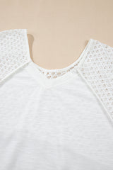 White Eyelet Patchwork High Low Hem V Neck Oversized Top Long Sleeve Tops JT's Designer Fashion