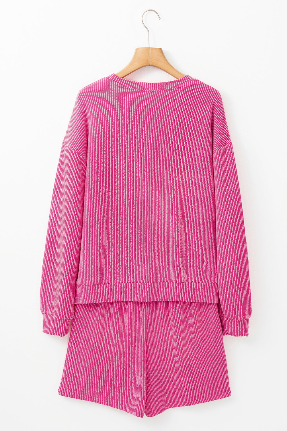 Strawberry Pink Corded Textured Long Sleeve Top and Shorts Set Short Sets JT's Designer Fashion