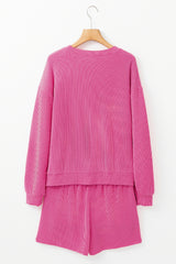 Strawberry Pink Corded Textured Long Sleeve Top and Shorts Set Short Sets JT's Designer Fashion