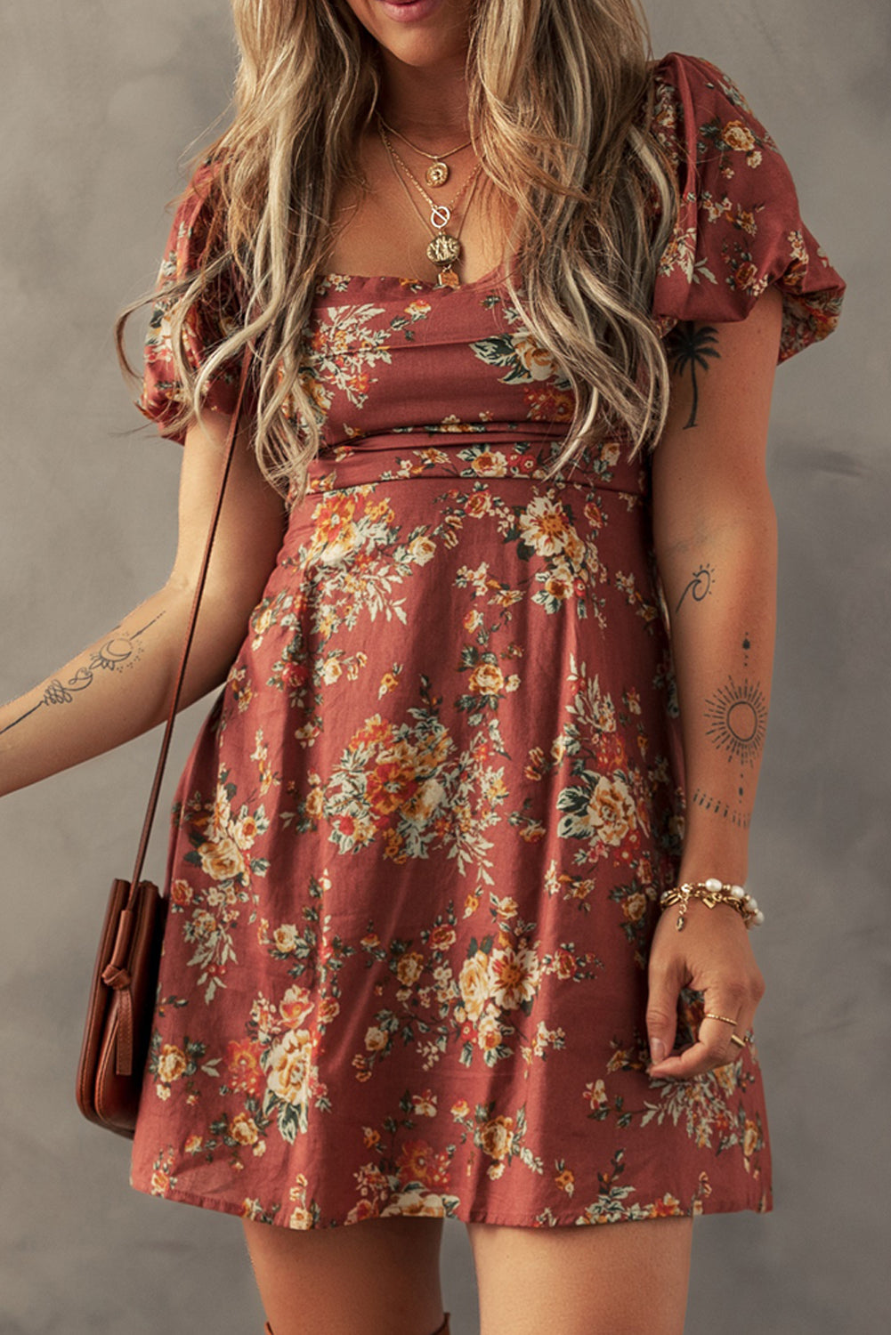 Red Floral Puff Sleeve Square Neck Knot Open Back Mini Dress Mini Dresses JT's Designer Fashion