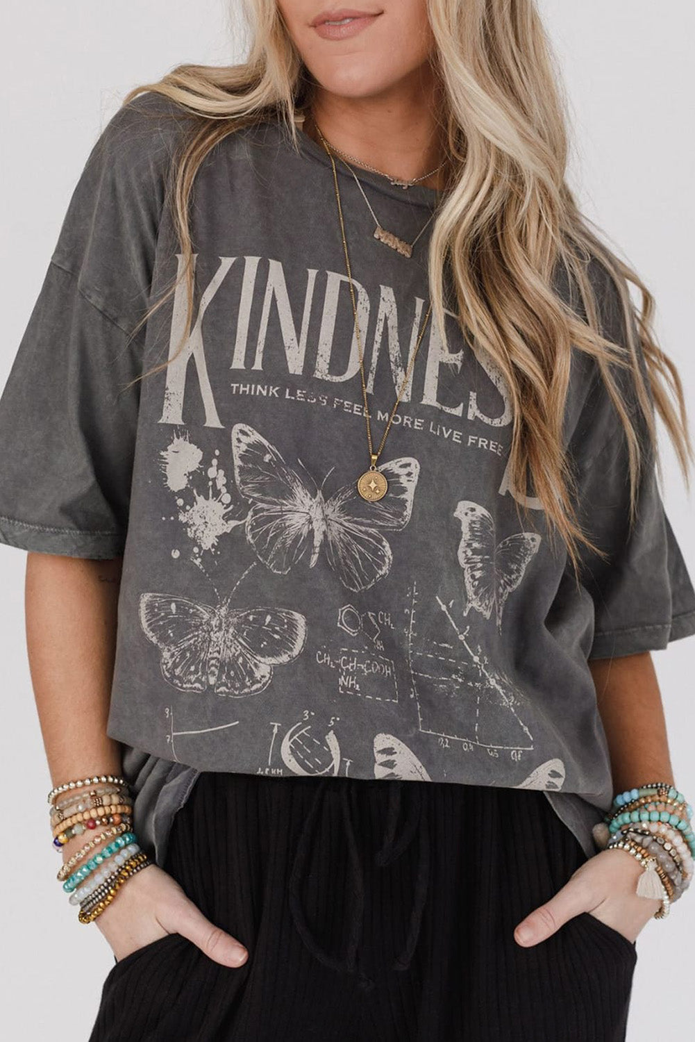 Dark Grey Kindness Butterflies Graphic Mineral Wash Loose Tee Graphic Tees JT's Designer Fashion