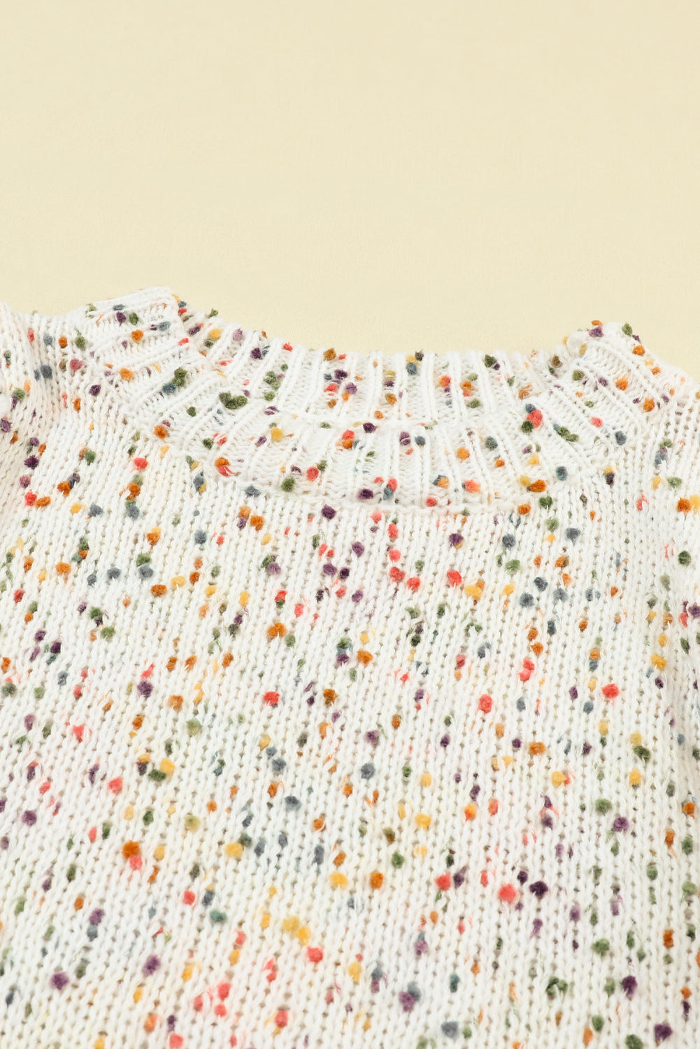 Beige Colorful Confetti Dots Cable Knit Crew Neck Sweater Sweaters JT's Designer Fashion