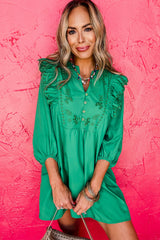 Bright Green Embroidered Ruffled Trim 3/4 Sleeve V Neck Mini Dress Mini Dresses JT's Designer Fashion
