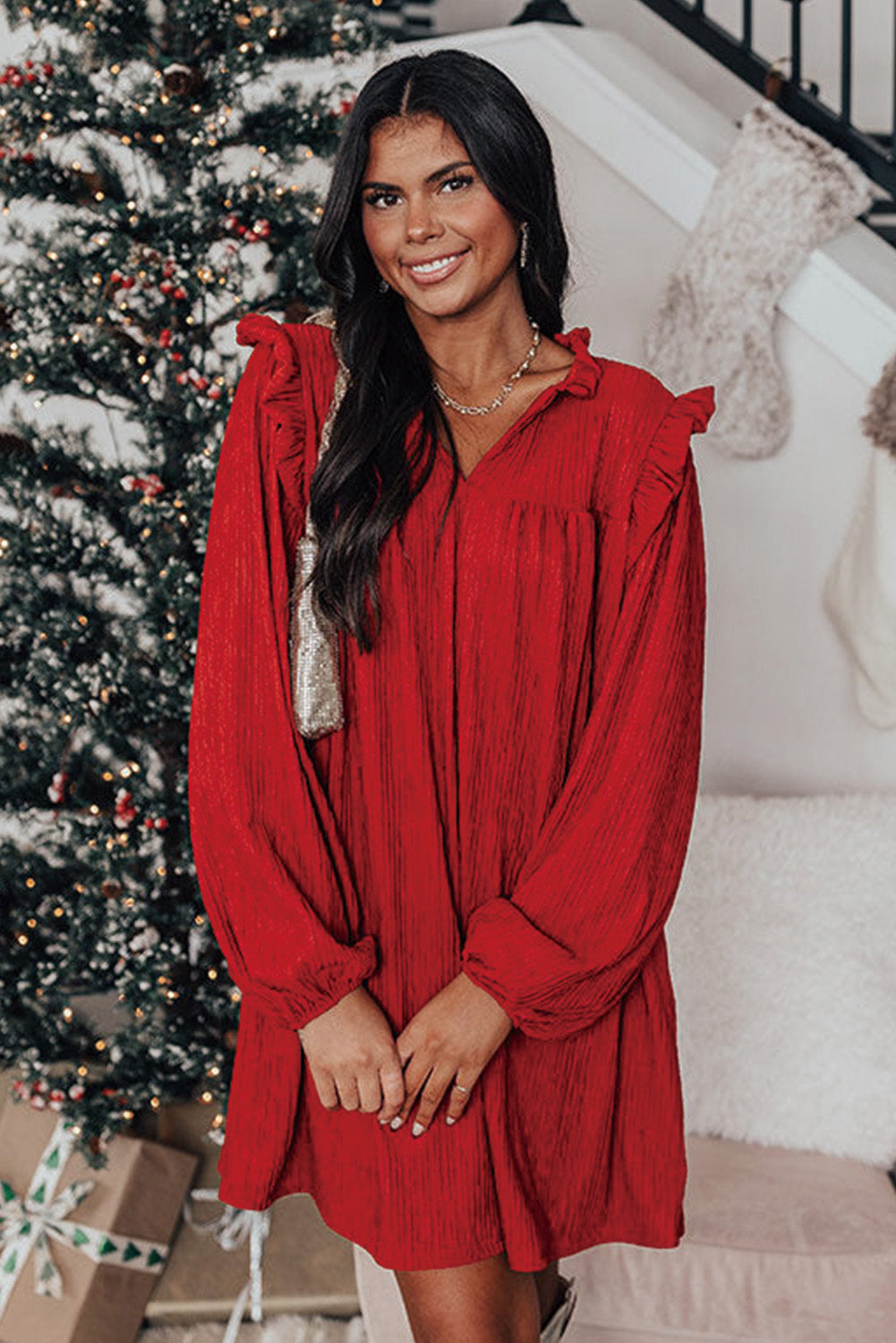 Fiery Red Textured Ruffled Trim V Neck Loose Fit Mini Dress Mini Dresses JT's Designer Fashion