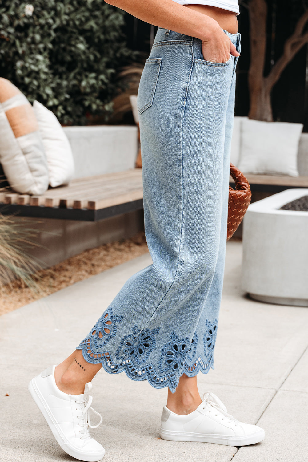 Dusk Blue Embroidered Cropped Wide Leg High Waist Jeans Jeans JT's Designer Fashion
