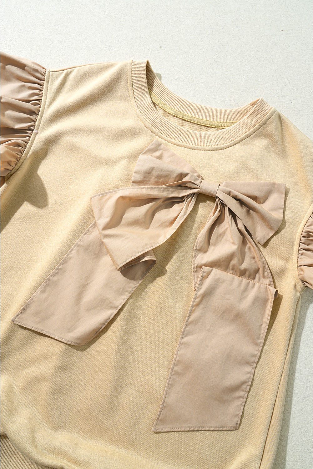 Parchment Two Tones Ribbon Bow Ruffle Sleeve Top Blouses & Shirts JT's Designer Fashion