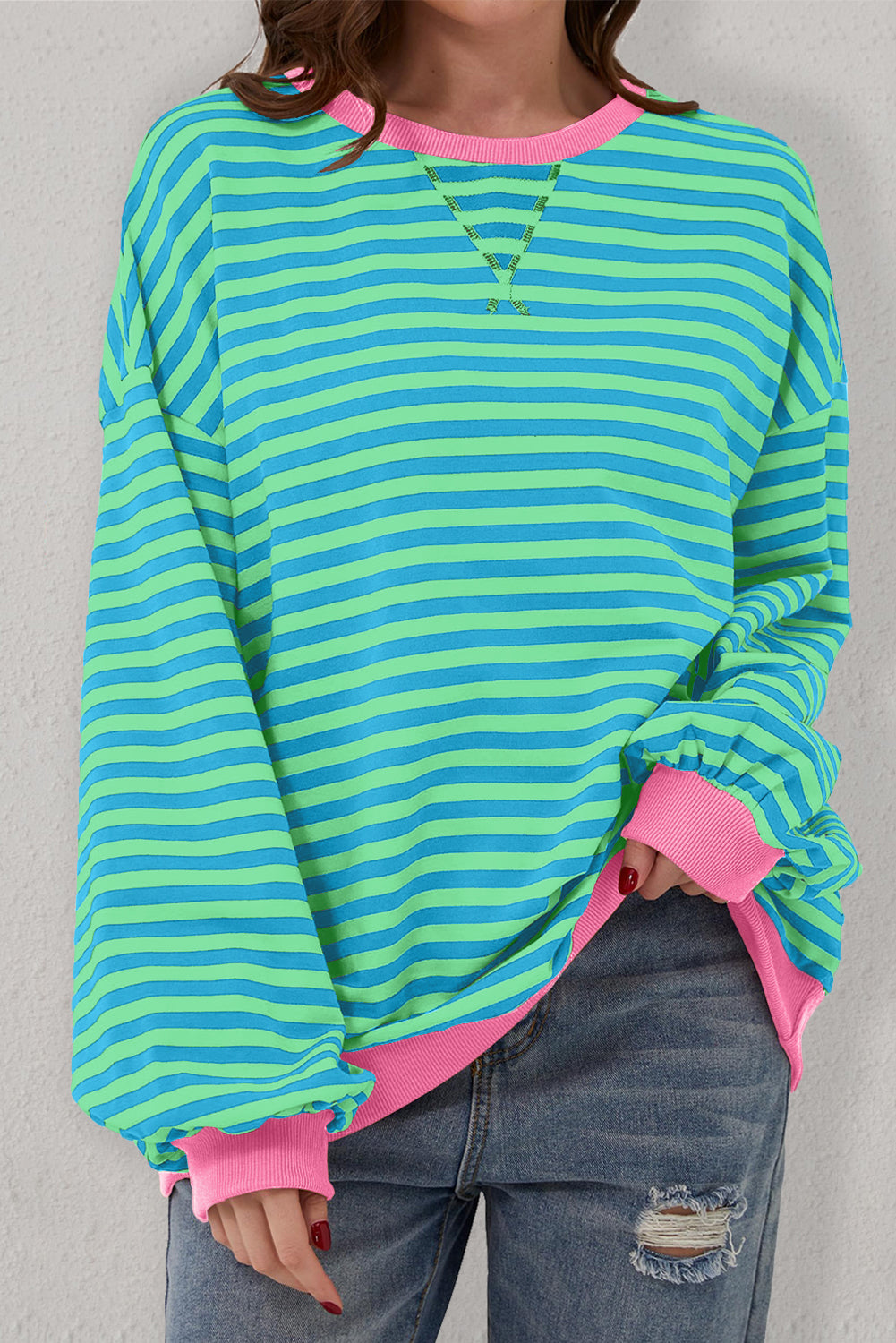 Sky Blue Stripe Oversized Contrast Trim Pullover Sweatshirt Sweatshirts & Hoodies JT's Designer Fashion