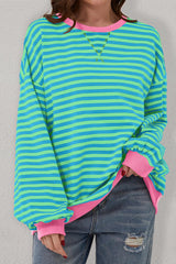 Sky Blue Stripe Oversized Contrast Trim Pullover Sweatshirt Sweatshirts & Hoodies JT's Designer Fashion