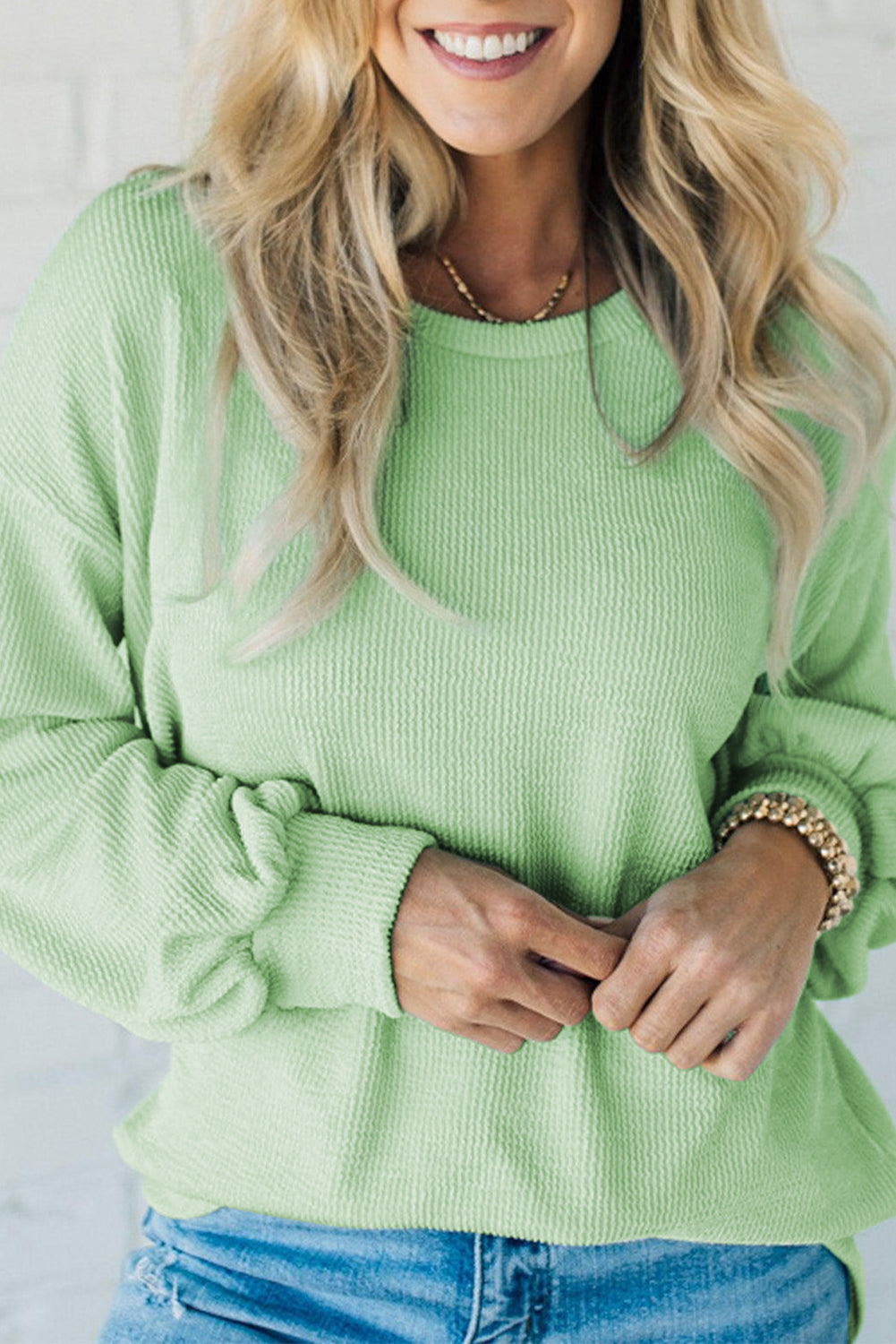 Moonlight Jade Solid Cord Ribbed Drop Shoulder Pullover Top Long Sleeve Tops JT's Designer Fashion