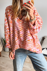 Orange Vibrant Abstract Print Drop Shoulder V Neck Tunic Oversized Sweater Orange 100%Acrylic Sweaters JT's Designer Fashion
