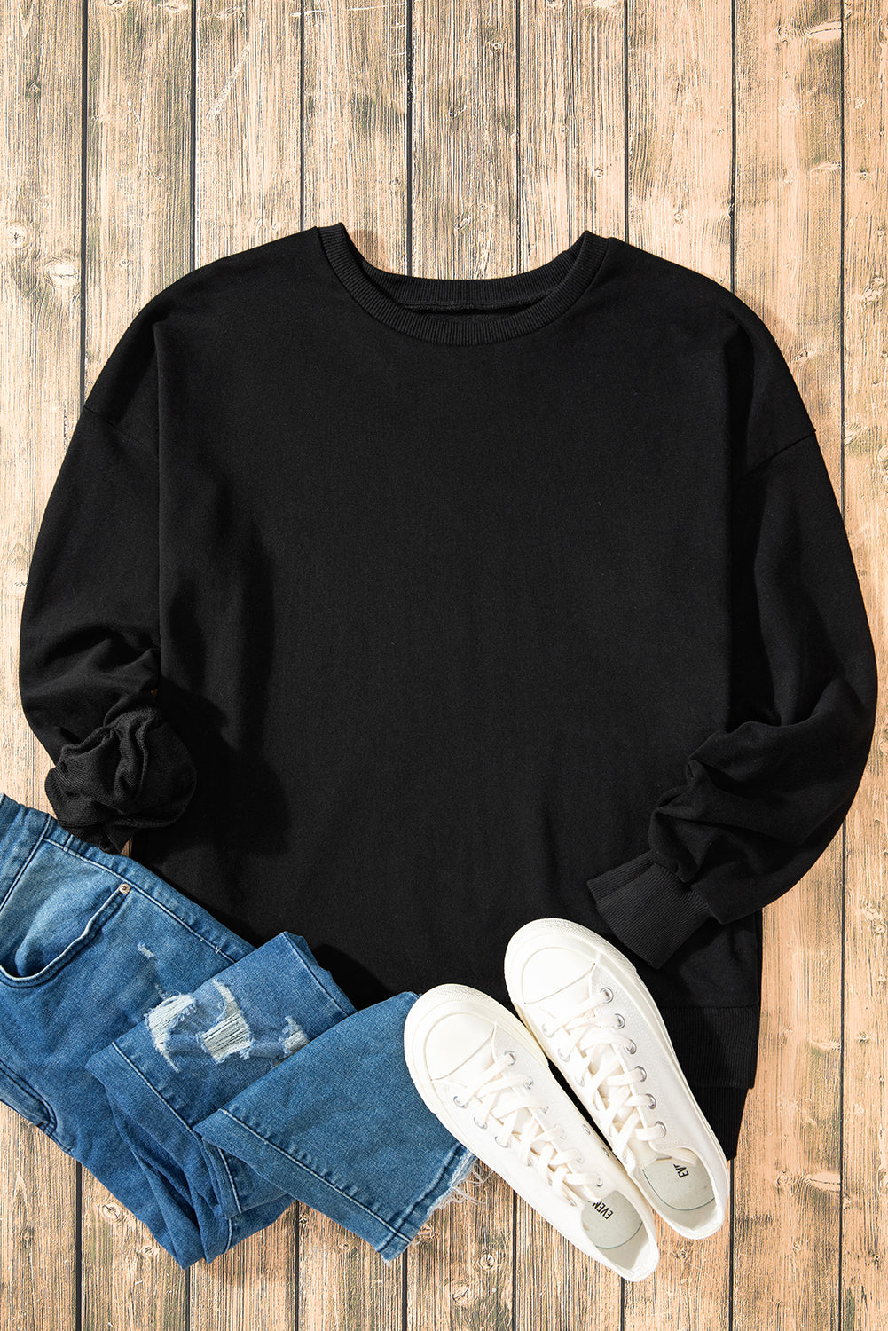 Black Solid O Neck High Low Hem Pullover Sweatshirt Sweatshirts & Hoodies JT's Designer Fashion