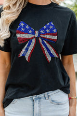 Black Rhinestone Stars and Stripes Bow Graphic Independence Day T Shirt Graphic Tees JT's Designer Fashion