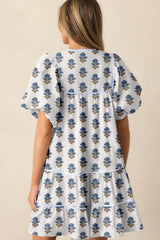 Sky Blue Floral Puff Sleeve Tied Neck Pocketed Mini Dress Floral Dresses JT's Designer Fashion