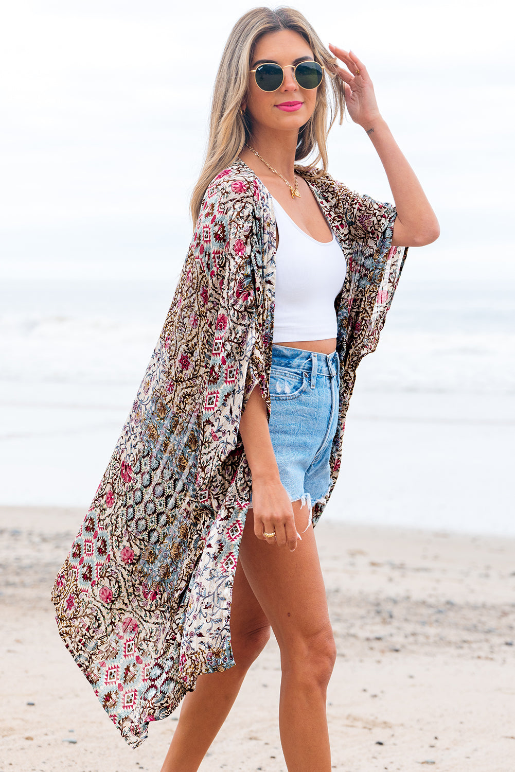Apricot Floral Print Short Wide Sleeve Open Front Loose Kimono Kimonos JT's Designer Fashion