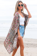 Apricot Floral Print Short Wide Sleeve Open Front Loose Kimono Kimonos JT's Designer Fashion