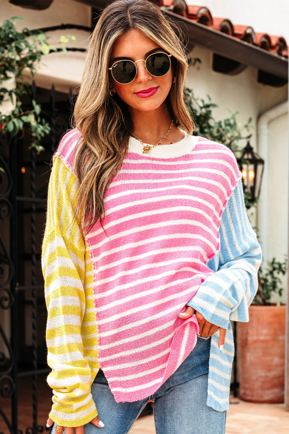Multicolour Color Block Striped Patchwork Dolman Sleeve Slit Sweater Sweaters JT's Designer Fashion