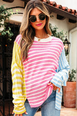 Multicolour Color Block Striped Patchwork Dolman Sleeve Slit Sweater Sweaters JT's Designer Fashion