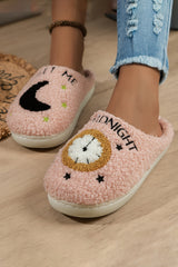 Light Pink Moon & Clock Pattern Fuzzy Home Slippers Slippers JT's Designer Fashion