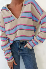 Apricot Stripe Collared V Neck Drop Shoulder Loose Sweater Apricot Stripe 50%Viscose+28%Polyester+22%Polyamide Sweaters JT's Designer Fashion