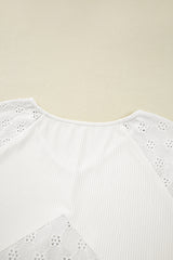 White Twisted Rib Patchwork Embroidered Loose V Neck Long Sleeve Top Blouses & Shirts JT's Designer Fashion