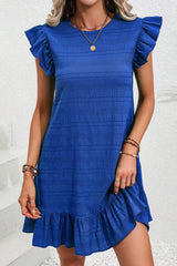 Dark Blue Textured Flutter Sleeve Ruffled Mini Dress Dresses JT's Designer Fashion