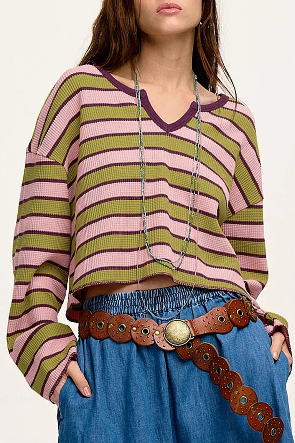 Spinach Green Clashing Stripes Waffle Texture Notched Neck Long Sleeve Top Long Sleeve Tops JT's Designer Fashion