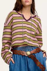 Spinach Green Clashing Stripes Waffle Texture Notched Neck Long Sleeve Top Long Sleeve Tops JT's Designer Fashion
