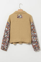 Khaki Waffle Knit Floral Print Patchwork Button up Jacket Jackets JT's Designer Fashion