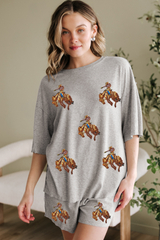 Gray Western Pattern Patched Half Sleeve Tee and Pocketed Shorts Set Graphic Sets JT's Designer Fashion