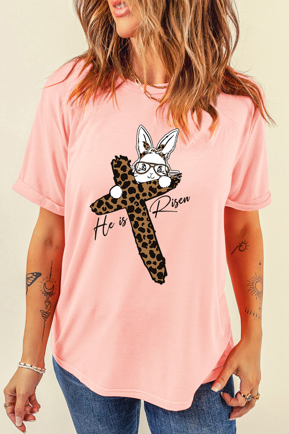Pink He is Risen Easter Bunny Leopard Cross Graphic Tee Graphic Tees JT's Designer Fashion