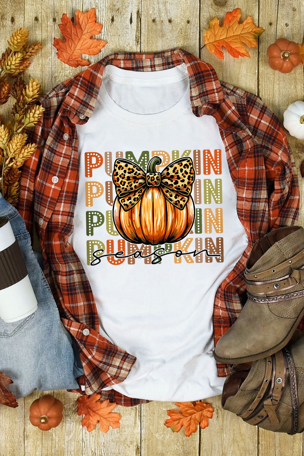 White PUMPKIN Season Leopard Bow Print Crew Neck T Shirt Graphic Tees JT's Designer Fashion