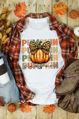 White PUMPKIN Season Leopard Bow Print Crew Neck T Shirt Graphic Tees JT's Designer Fashion