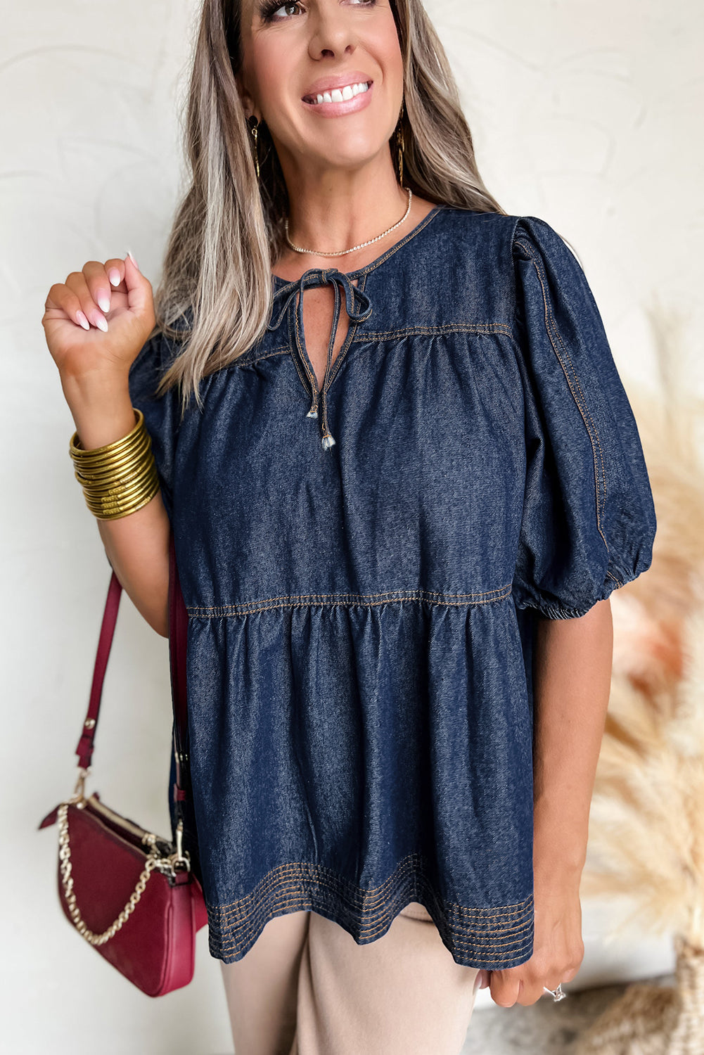 Sail Blue Puff Sleeve Lace-up Neckline Splicing Denim Blouse Blouses & Shirts JT's Designer Fashion