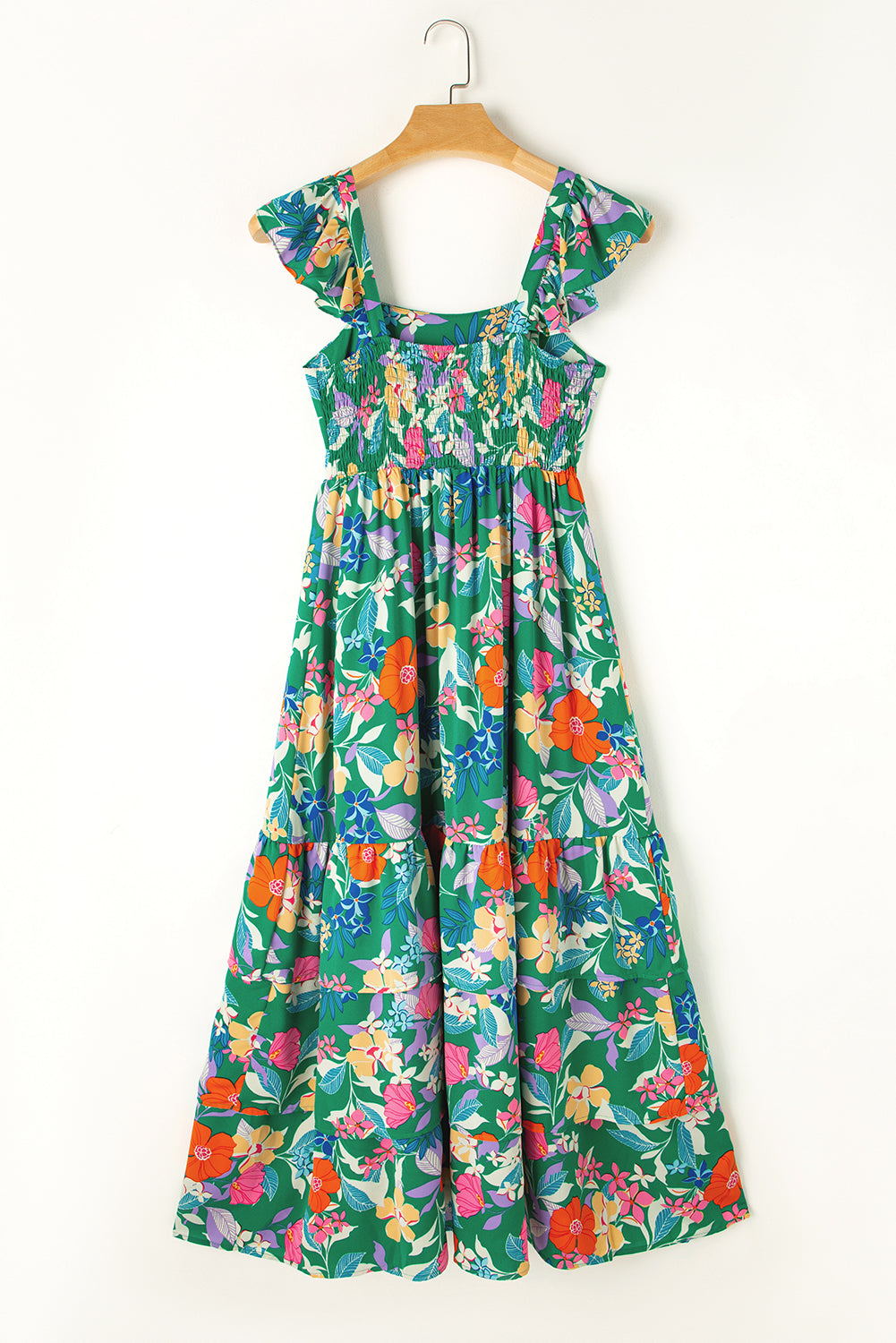 Green Floral Print Sleeveless Ruffle Tiered Maxi Dress Floral Dresses JT's Designer Fashion