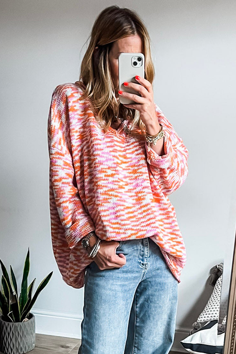 Orange Vibrant Abstract Print Drop Shoulder V Neck Tunic Oversized Sweater Sweaters JT's Designer Fashion