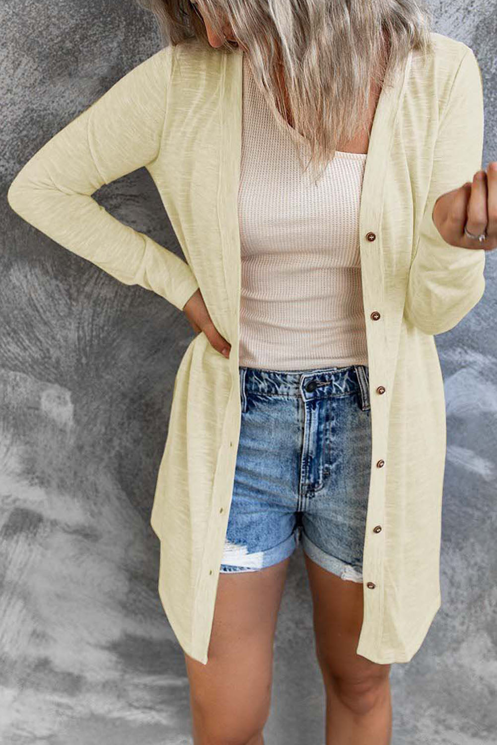 Beige Solid Color Open-Front Buttons Cardigan Sweaters & Cardigans JT's Designer Fashion